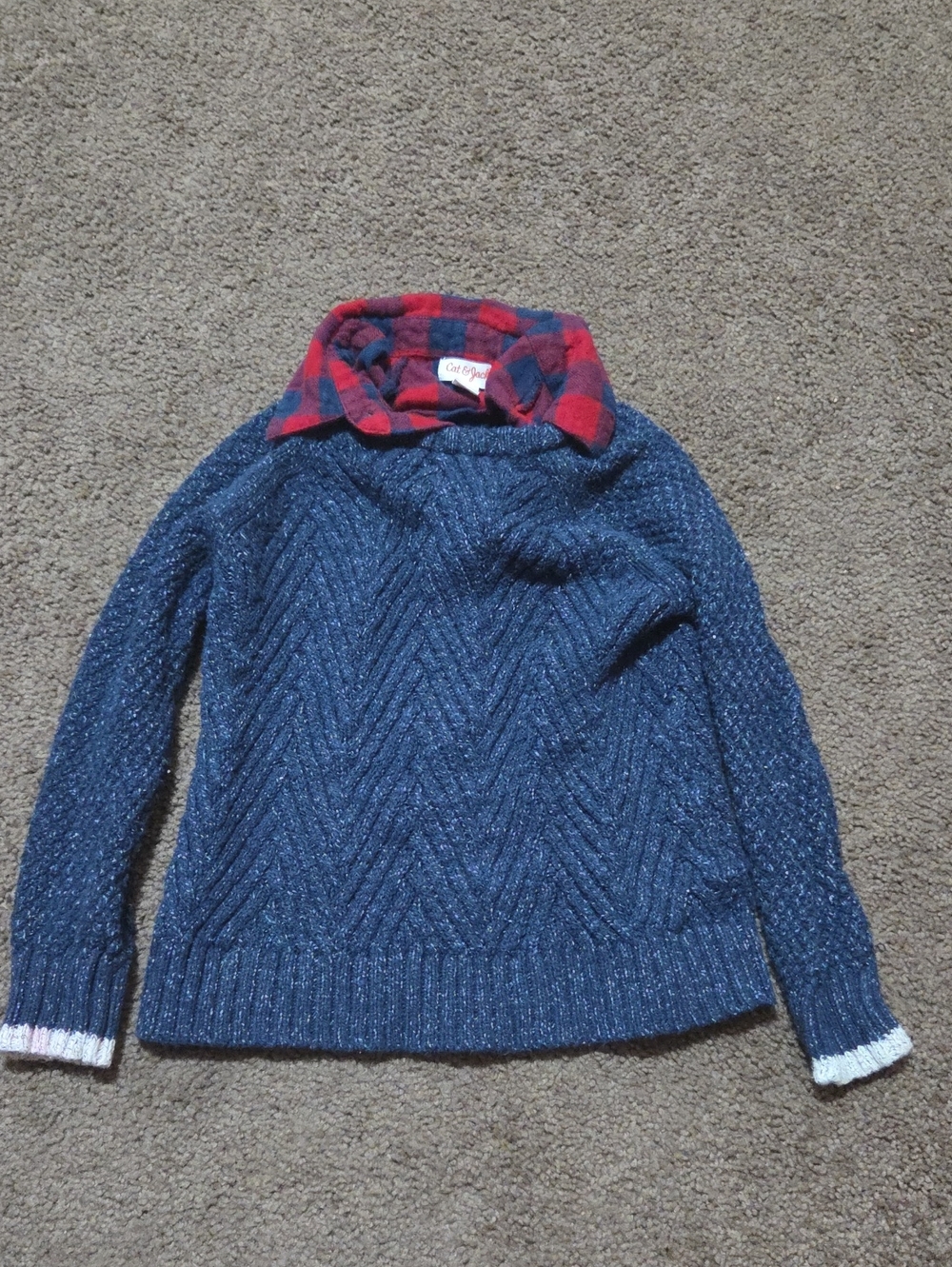 Blue Knit Sweater with Red Plaid Collar